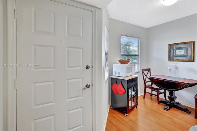 interior space with light wood-type flooring, baseboards, and a textured ceiling