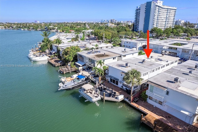 aerial view with a water view and a city view