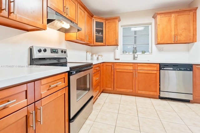 kitchen featuring under cabinet range hood, stainless steel appliances, a sink, and light countertops