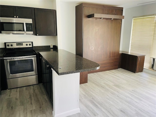 2217 NE 14th Ave, Wilton Manors, FL 33305 - kitchen featuring stainless steel appliances, light wood-style floors, a peninsula, and dark stone countertops