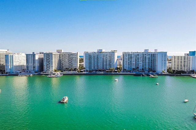 birds eye view of property featuring a city view and a water view