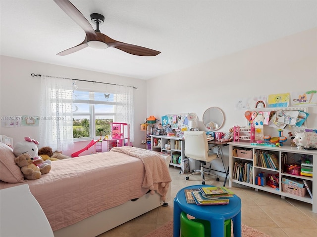 bedroom featuring tile patterned flooring and ceiling fan