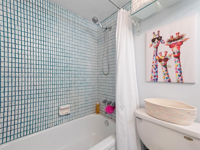 bathroom featuring toilet and shower / bathtub combination with curtain