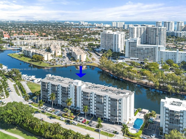 bird's eye view with a water view and a city view