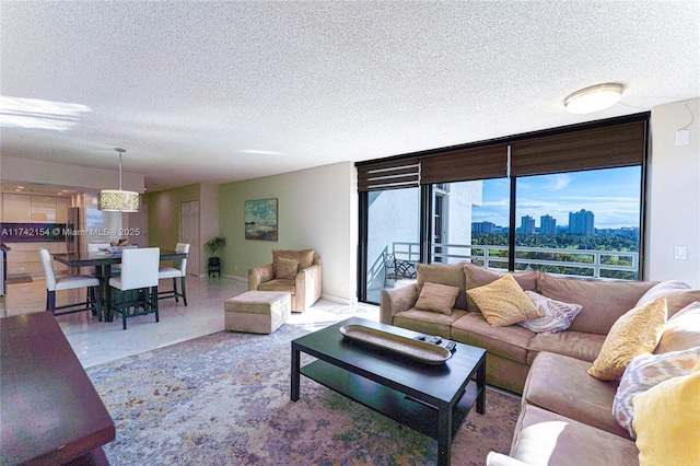 living room featuring a view of city, baseboards, a textured ceiling, and expansive windows