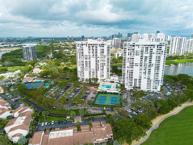 aerial view featuring a city view and a water view