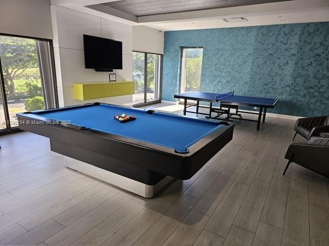 rec room featuring wood ceiling, wood finished floors, billiards, and wallpapered walls