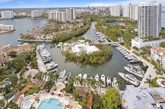 bird's eye view with a view of city and a water view