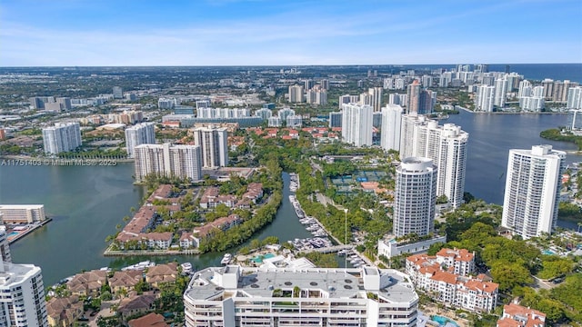 birds eye view of property featuring a water view and a city view