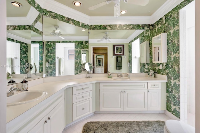 bathroom with wallpapered walls, tile patterned flooring, ornamental molding, and vanity