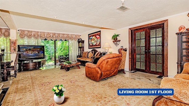 430 Poinciana Dr Unit 1710, Sunny Isles Beach, FL 33160 - living area featuring a textured ceiling, crown molding, and french doors