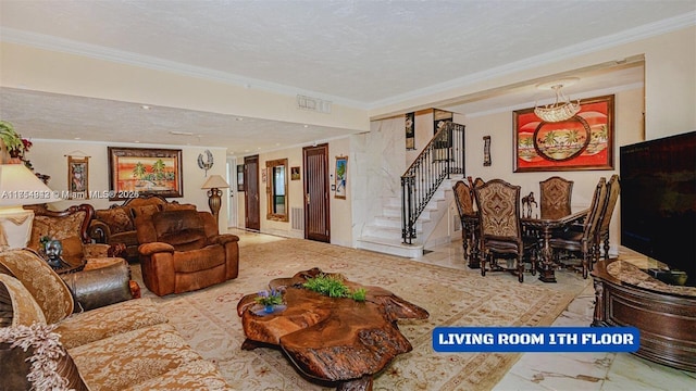 430 Poinciana Dr Unit 1710, Sunny Isles Beach, FL 33160 - living area featuring visible vents, crown molding, stairway, and a textured ceiling