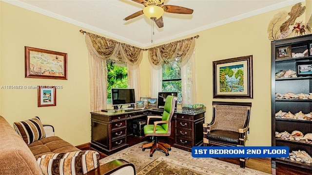430 Poinciana Dr Unit 1710, Sunny Isles Beach, FL 33160 - office area with ornamental molding, wood finished floors, and a ceiling fan