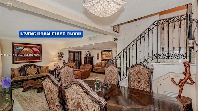 430 Poinciana Dr Unit 1710, Sunny Isles Beach, FL 33160 - dining space featuring stairs, crown molding, visible vents, and an inviting chandelier