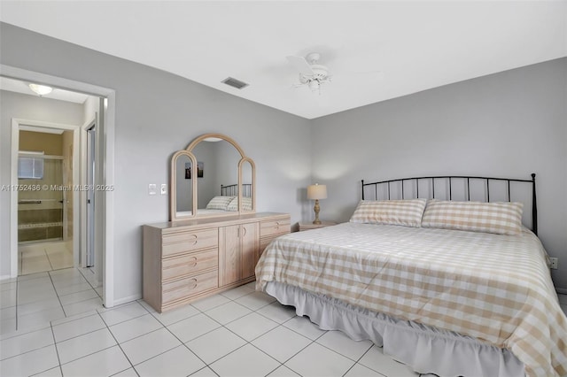 bedroom with a ceiling fan, visible vents, and light tile patterned flooring