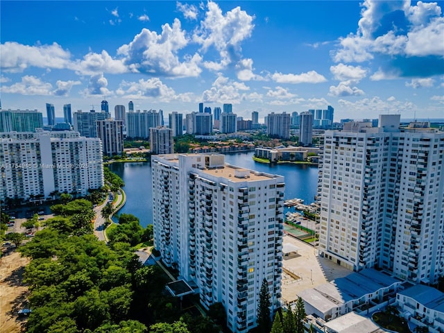 aerial view featuring a view of city and a water view