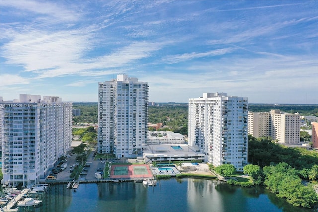 aerial view featuring a water view and a city view