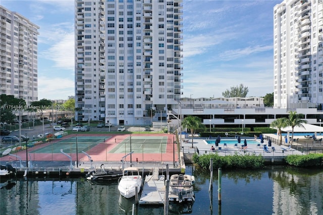 view of water feature with a dock