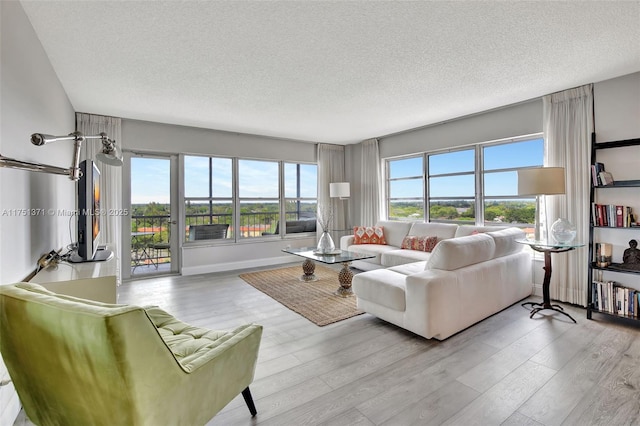 living area featuring a textured ceiling, wood finished floors, and baseboards