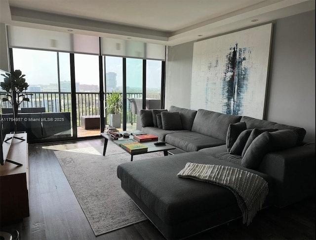 living room with a raised ceiling and wood finished floors