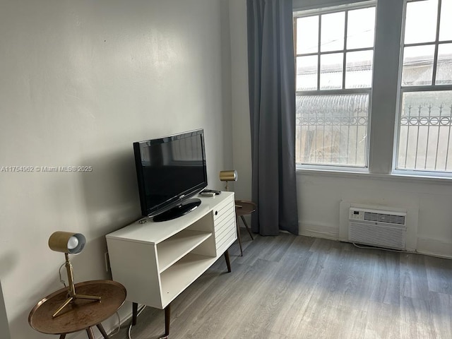 office area featuring plenty of natural light, wood finished floors, and a wall mounted air conditioner