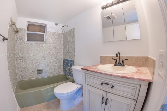 full bathroom featuring tile patterned flooring, vanity, toilet, bathtub / shower combination, and visible vents