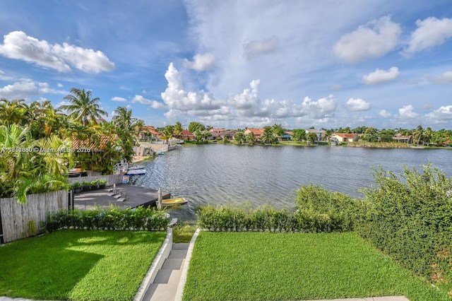 property view of water featuring a dock and fence