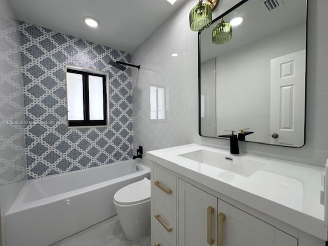 full bath with toilet, vanity, bathtub / shower combination, and visible vents