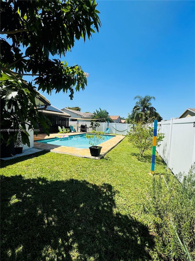 view of pool with a fenced in pool, a yard, and a fenced backyard