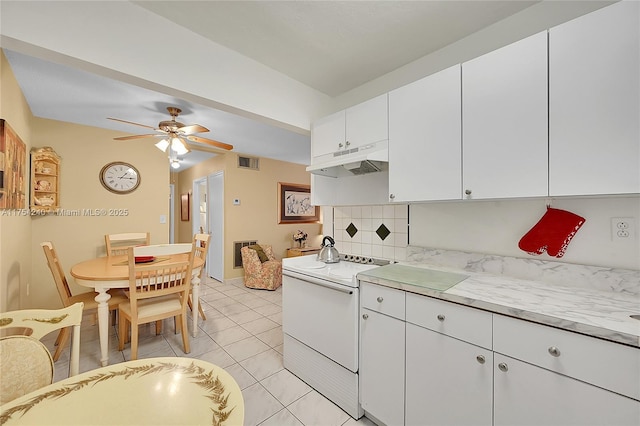 kitchen with white electric range oven, tasteful backsplash, light countertops, visible vents, and under cabinet range hood