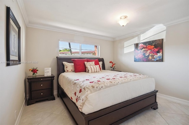 bedroom featuring baseboards, ornamental molding, and light tile patterned flooring