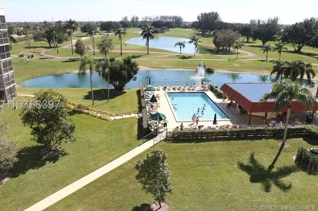 aerial view featuring a water view and golf course view