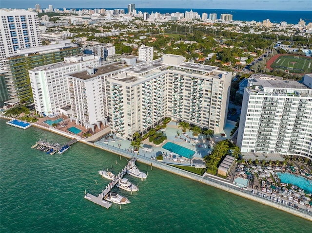 bird's eye view with a view of city and a water view