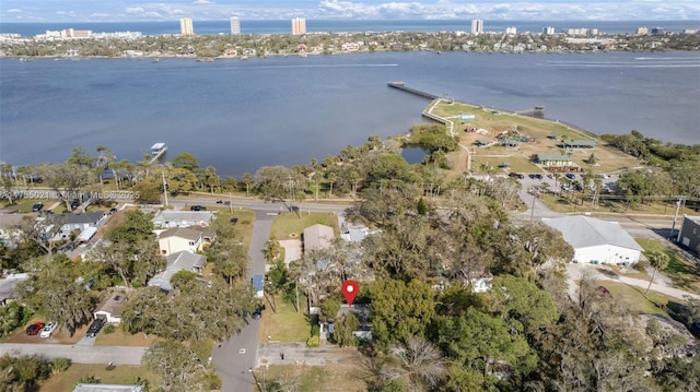 birds eye view of property featuring a water view