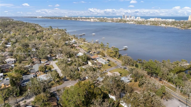 drone / aerial view featuring a water view