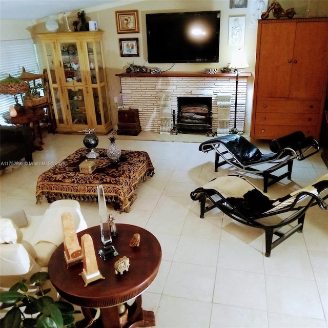 tiled living area featuring a fireplace and vaulted ceiling