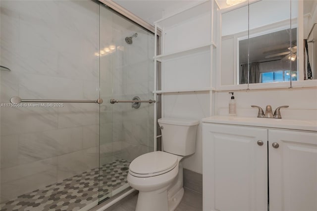 full bath with a stall shower, vanity, and toilet