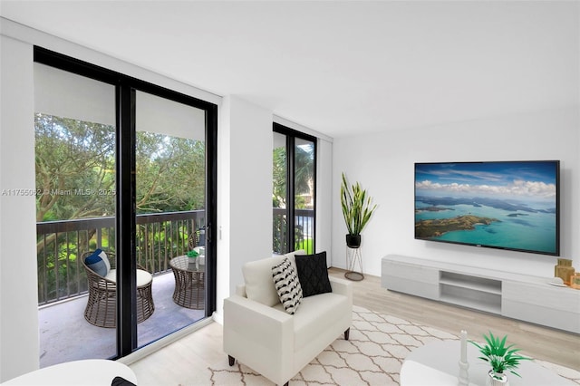 living room featuring a wall of windows and wood finished floors