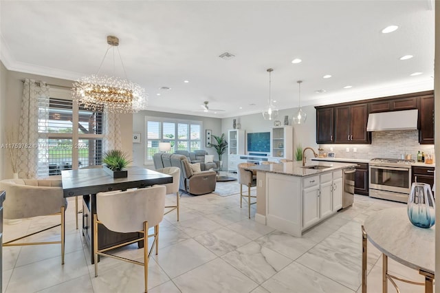 kitchen with under cabinet range hood, stainless steel gas range oven, open floor plan, and a sink