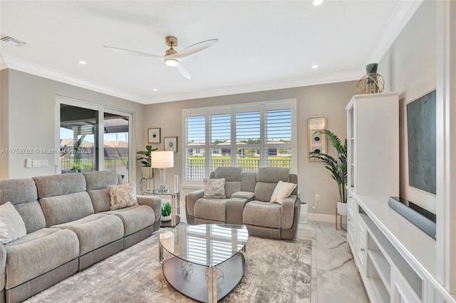 living room with marble finish floor, visible vents, and ornamental molding