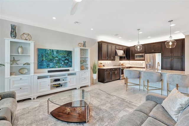 living area featuring recessed lighting, marble finish floor, visible vents, and crown molding