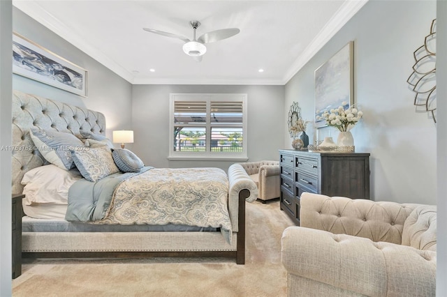 bedroom with light carpet, ceiling fan, ornamental molding, and recessed lighting