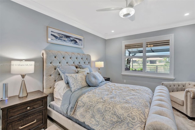 bedroom with light carpet, a ceiling fan, crown molding, and recessed lighting