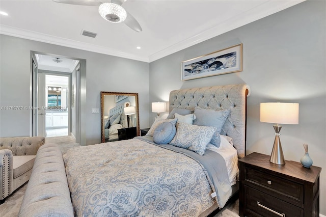 bedroom with recessed lighting, visible vents, and crown molding