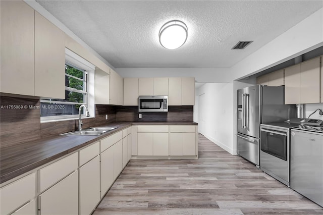 kitchen featuring stainless steel appliances, a sink, visible vents, light wood-type flooring, and decorative backsplash