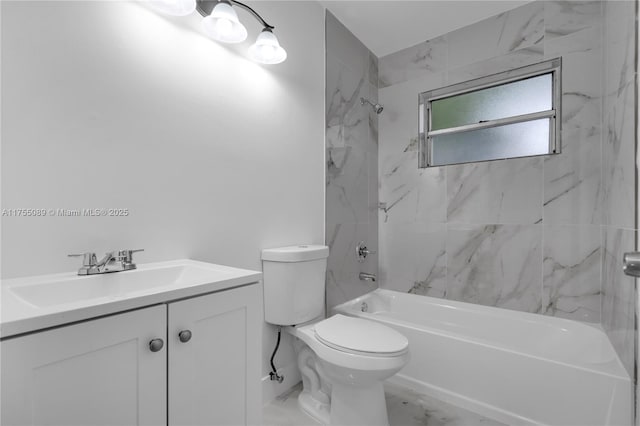 full bathroom with toilet, marble finish floor, bathing tub / shower combination, and vanity