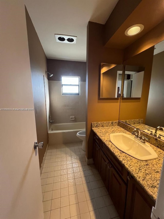 bathroom with shower / tub combination, tile patterned flooring, vanity, and toilet