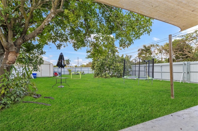 view of yard with an outbuilding, a shed, a trampoline, and a fenced backyard