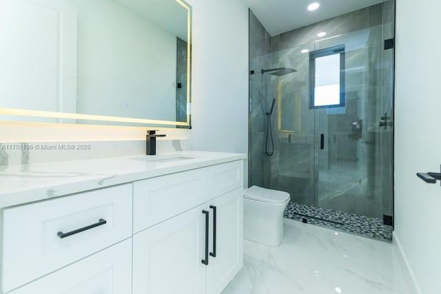 bathroom with marble finish floor, a marble finish shower, recessed lighting, toilet, and vanity