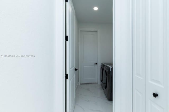 clothes washing area with laundry area, marble finish floor, separate washer and dryer, and recessed lighting